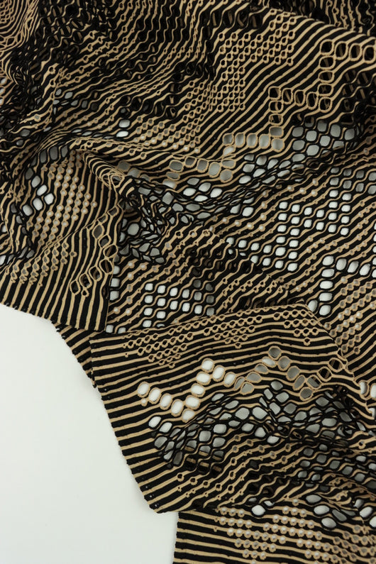 Black & Taupe Zig Zag Crochet Nylon Spandex Mesh | Designer Deadstock