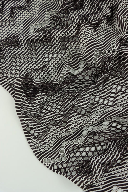 Cocoa & White Zig Zag Crochet Nylon Spandex Mesh | Designer Deadstock