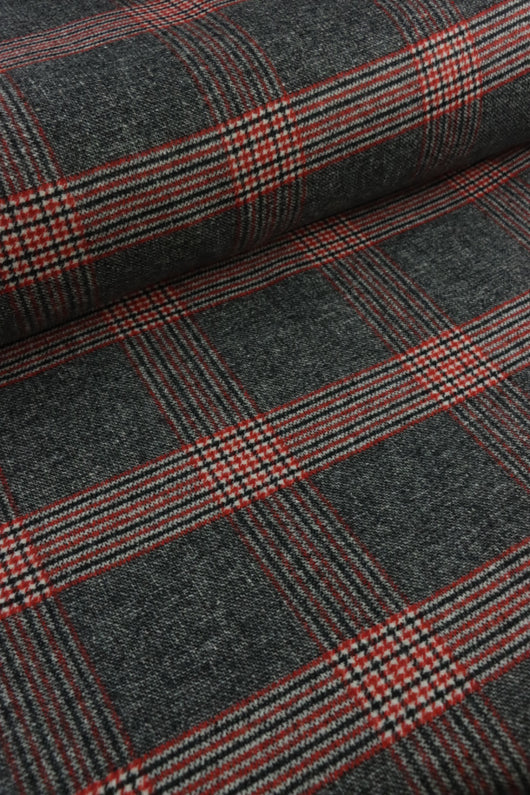 Black/White/Red Plaid Melton Double Weave Wool | By The Half Yard
