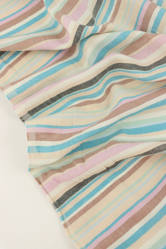 Blues/Pinks/Beiges Horizontal Stripe Cotton Shirting | Designer Deadstock