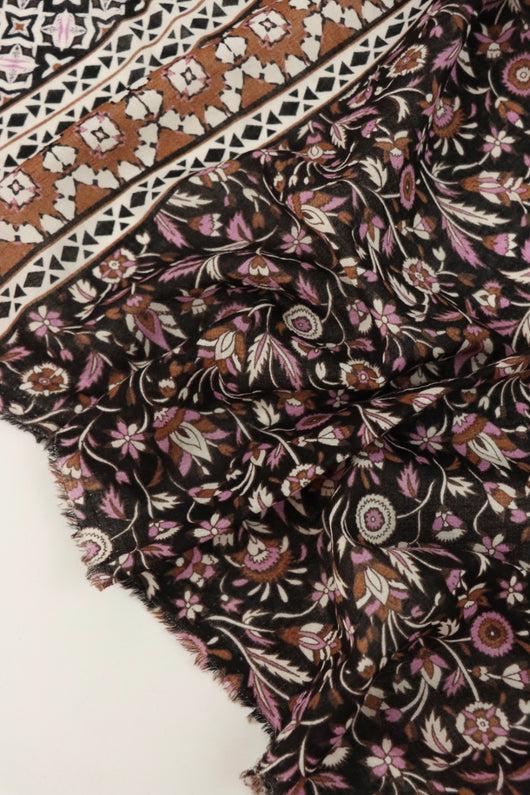 By The Panel Purple & Brown Floral on Black Cotton Organza | Designer Deadstock