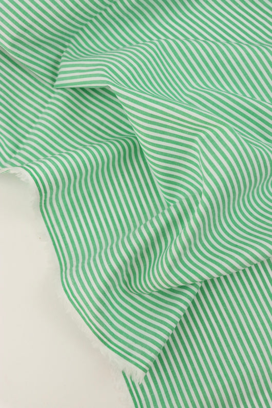 Green & White Mini Stripe Cotton Shirting | Designer Deadstock