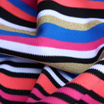 Load image into Gallery viewer, Blue/Fuchsia/Coral/Gold Striped Poly Spandex | Designer Deadstock
