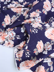 Load image into Gallery viewer, Peach Roses on Navy Rayon Slub