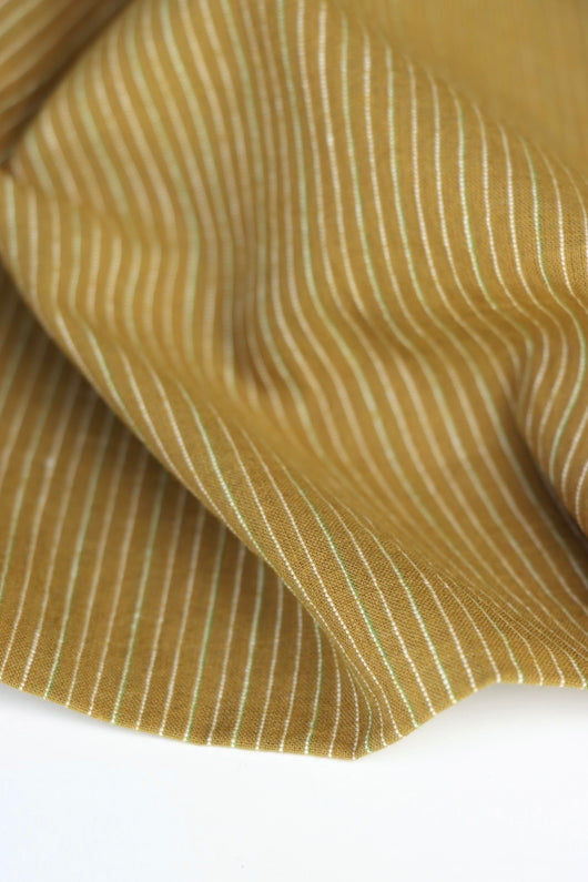 1YD 8IN REMNANT; Golden Ochre & Ivory Vertical Pinstripe Handwoven Lightweight Cotton