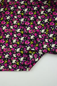 1YD 7IN REMNANT; Magenta Ditsy Floral on Black Nylon Spandex Tricot | Designer Deadstock