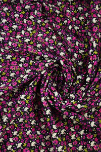 1YD 7IN REMNANT; Magenta Ditsy Floral on Black Nylon Spandex Tricot | Designer Deadstock