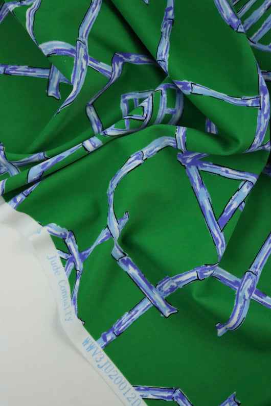 Blue Bamboo Lattice on Kelly Green Nylon Spandex Tricot | Designer Deadstock