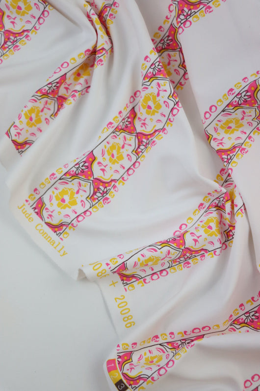 1YD PRECUT; Fancy Floral Stripe on White Matte Nylon Spandex Tricot | Designer Deadstock