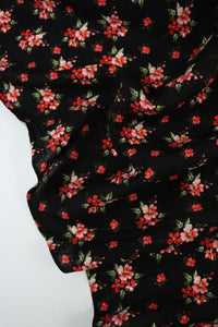 Red Cherry Blossoms on Black Rayon Challis