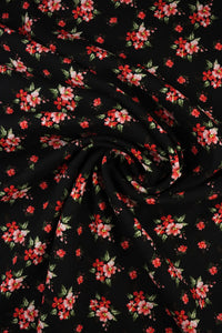 Red Cherry Blossoms on Black Rayon Challis