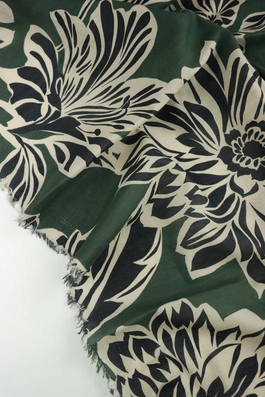 1YD 29IN REMNANT; Black Floral Outlines on Hunter Green Cotton Lawn | Designer Deadstock