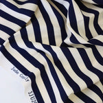 Load image into Gallery viewer, Ivory &amp; Navy Vertical 1/2&quot; Stripe Nylon Spandex Tricot | Designer Deadstock
