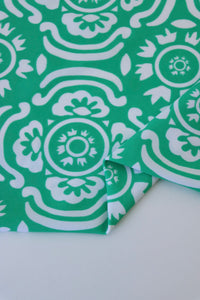 White Floral on Green Nylon Spandex Tricot | Designer Deadstock