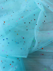 Load image into Gallery viewer, 1YD 15IN Colored Dots on Blue Tulle | Kayla's Destash