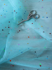 Load image into Gallery viewer, 1YD 15IN Colored Dots on Blue Tulle | Kayla's Destash
