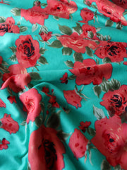 Load image into Gallery viewer, 2YD 2IN Coral Roses on Teal Double Knit | Kayla's Destash