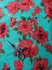 Load image into Gallery viewer, 2YD 2IN Coral Roses on Teal Double Knit | Kayla's Destash