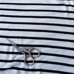 Load image into Gallery viewer, 1YD 30IN Black Stripe on Ivory Rayon Spandex Jersey | Kayla's Destash
