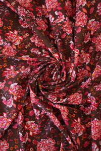 1YD PRECUT; Liberty Floral on Chocolate Nylon Spandex Tricot | Designer Deadstock