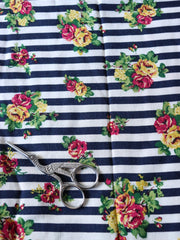 Load image into Gallery viewer, 1YD 19IN Floral on Navy Stripe Rayon Challis | Kayla's Destash