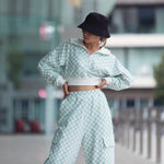 Load image into Gallery viewer, Checkers French Terry | Off White/Granite Green | See You At Six | By The Half Yard
