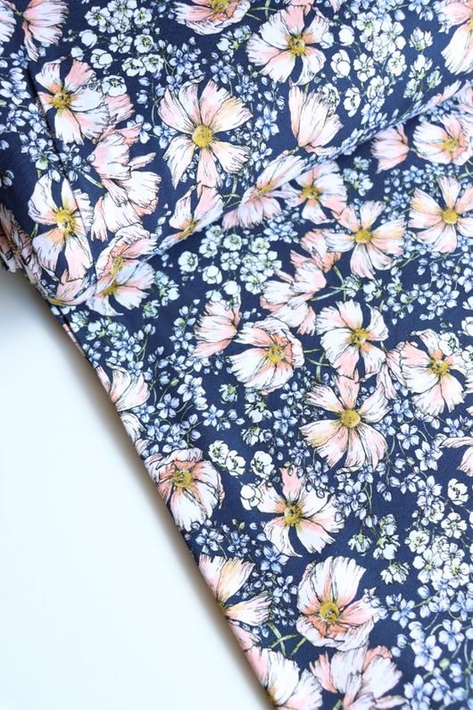 Whimsy Flowers on Navy Blue | Wishwell: Nature's Notebook Knits | Robert Kaufman