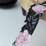 Load image into Gallery viewer, Pink Floral on Black 1.5" Wide Stretch Lace
