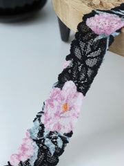 Load image into Gallery viewer, Pink Floral on Black 1.5&quot; Wide Stretch Lace
