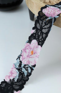 Pink Floral on Black 1.5" Wide Stretch Lace