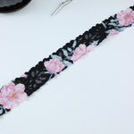 Load image into Gallery viewer, Pink Floral on Black 1.5" Wide Stretch Lace
