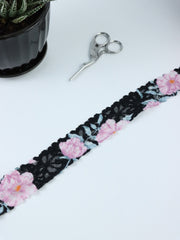Load image into Gallery viewer, Pink Floral on Black 1.5&quot; Wide Stretch Lace
