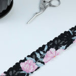 Load image into Gallery viewer, Pink Floral on Black 1.5" Wide Stretch Lace
