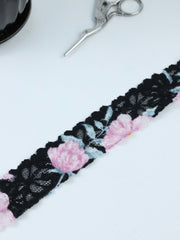 Load image into Gallery viewer, Pink Floral on Black 1.5&quot; Wide Stretch Lace
