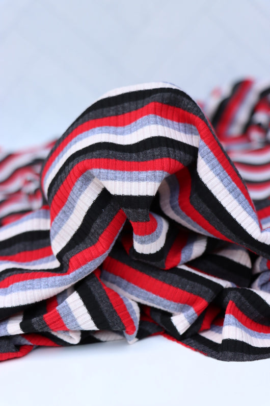 Red/Black/Ivory/Charcoal/Heather Gray Stripe 4x2 Rib Knit