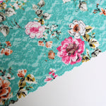 Load image into Gallery viewer, Magenta &amp; Copper Floral On Seafoam 10.75" Wide Stretch Lace
