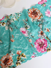 Load image into Gallery viewer, Magenta &amp; Copper Floral On Seafoam 10.75&quot; Wide Stretch Lace
