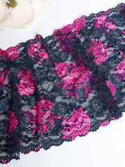 Load image into Gallery viewer, Navy &amp; Fuchsia Floral 11.25&quot; Wide Stretch Lace
