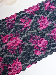 Load image into Gallery viewer, Navy &amp; Fuchsia Floral 11.25&quot; Wide Stretch Lace
