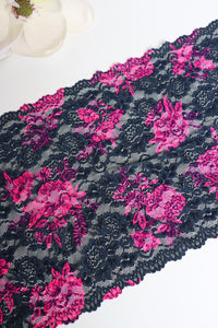 Navy & Fuchsia Floral 11.25" Wide Stretch Lace