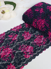 Load image into Gallery viewer, Navy &amp; Fuchsia Floral 11.25&quot; Wide Stretch Lace
