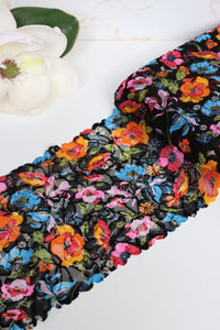 Vibrant Floral on Black 7.5" Wide Stretch Lace