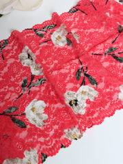 Load image into Gallery viewer, Beige Floral on Red 10.75&quot; Wide Stretch Lace
