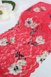 Beige Floral on Red 10.75" Wide Stretch Lace