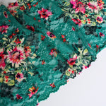 Load image into Gallery viewer, Magenta Floral on Teal 11&quot; Wide Stretch Lace
