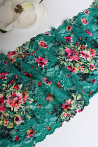 Magenta Floral on Teal 11" Wide Stretch Lace