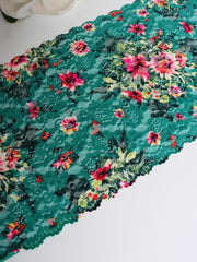 Load image into Gallery viewer, Magenta Floral on Teal 11&quot; Wide Stretch Lace
