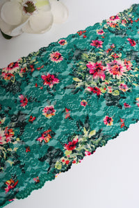 Magenta Floral on Teal 11" Wide Stretch Lace