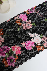 Black/Pink/Coral/Blush Floral 11" Wide Stretch Lace