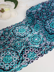 Load image into Gallery viewer, 25IN REMNANT; Navy/Teal/White Mandalas 11.25&quot; Wide Stretch Lace
